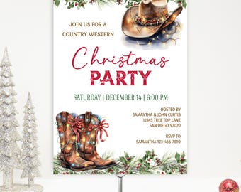 Holiday Hoedown Christmas Party Invitation, Country Western Cowboy Boots Hat Annual Holiday Open House Rustic Farm Barn Invite TEMPLATE 444