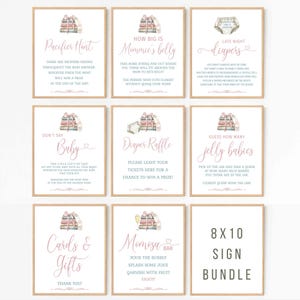 A New Chapter Will Soon Begin Book Baby Shower 8x10 signs, Library Storybook theme, pastel pink bow, Cards and Gifts | TEMPLATE 363