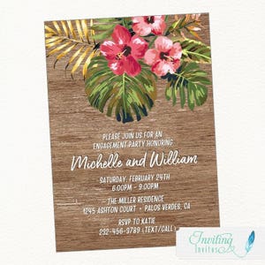 Tropical Engagement Party Invitation, Hawaiian Engagement Party, Aloha Engagement, Vintage, Rustic, Hibiscus, Palm Frond, Tropical image 1