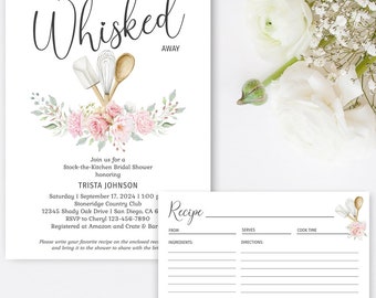 PINK Whisked Away Bridal Shower Invitation with recipe card, Stock the Kitchen, baking bridal shower theme invite DIGITAL TEMPLATE 360