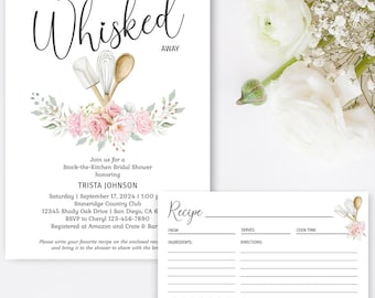 PINK Whisked Away Bridal Shower Invitation with recipe card, Stock the Kitchen, baking bridal shower theme invite DIGITAL TEMPLATE 360