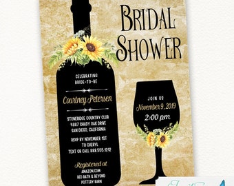 Wine Bridal Shower Invitation with Sunflowers, Wine Tasting, Winery, Wine Themed Invitation, Wine Party, Invite, wedding shower 115