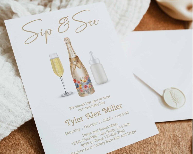 May include: A white invitation card with gold lettering announcing a Sip & See for a new baby boy named Tyler Alex Miller. The invitation includes the date, time, and location of the event, as well as contact information for the hosts. The card features a watercolor illustration of a champagne bottle, a champagne flute, and a baby bottle.