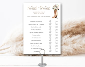 He Said She Said bridal shower game, edit yourself, Blush Cowboy Boots, cowgirl, rustic, western, blush pink floral | EDITABLE TEMPLATE 191