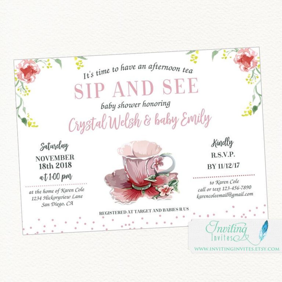 Sip and See Invitation, Tea Party Baby Shower, Baby Shower Tea Party