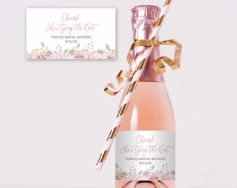 Pink Mini Champagne Bottle Labels Template, She's Tying the Knot Bridal Shower brunch theme favors, blush floral | TEMPLATES 342