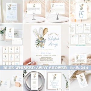 May include: A blue and white kitchen-themed bridal shower invitation set featuring a watercolour illustration of kitchen utensils and foliage. The invitation reads "Soon-to-be Whisked Away!" and includes the bride's name, date, time, and location. The set also includes a welcome sign, recipe cards, games, and thank you cards.
