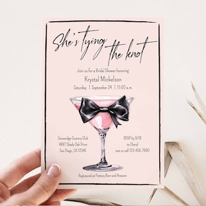 She&#39;s Tying the Knot Bridal Shower Invitation, Unique Bow Champagne Cocktail Wedding Shower Invites, coquette pink whimisical TEMPLATE 348