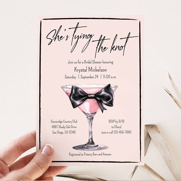 She's Tying the Knot Bridal Shower Invitation, Unique Bow Champagne Cocktail Wedding Shower Invites, coquette pink whimisical TEMPLATE 348