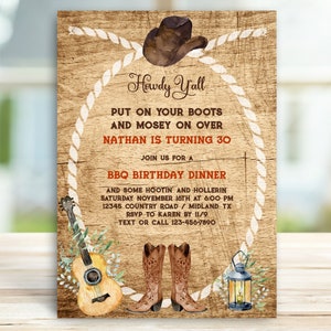 Cowboy Cowgirl Boots Western Adult Birthday Invitation, Rustic Country BBQ Invite, Guitar Party, 21st, 30th, 40th, 50th, 60th TEMPLATE 189