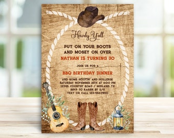 Cowboy Cowgirl Boots Western Adult Birthday Invitation, Rustic Country BBQ Invite, Guitar Party, 21st, 30th, 40th, 50th, 60th TEMPLATE 189