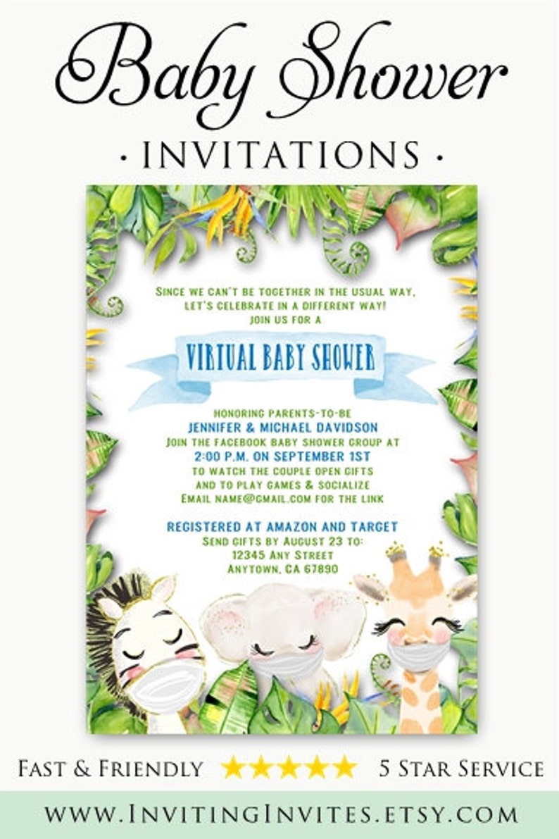 Virtual Baby Shower Invitation Tropical Jungle Theme Zoom Etsy