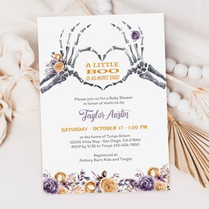 Halloween Baby Shower Invitation Set Gothic Baby Shower Invites Skull Baby Shower Skeleton A Little Boo Is Almost Due Shower TEMPLATE 406