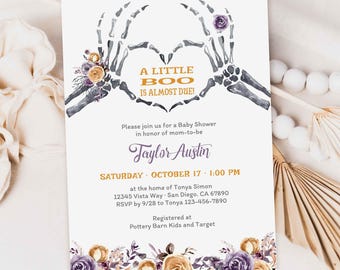 Halloween Baby Shower Invitation Set Gothic Baby Shower Invites Skull Baby Shower Skeleton A Little Boo Is Almost Due Shower TEMPLATE 406