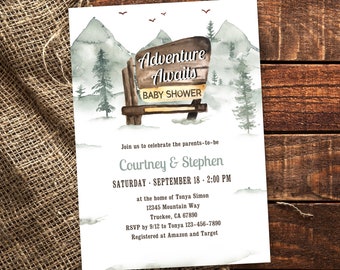 National Park Adventure Awaits Baby Shower Invitation, Woodland Forest Mountain Coed Baby Shower Invite, Woodsy Nature Camper TEMPLATE 387