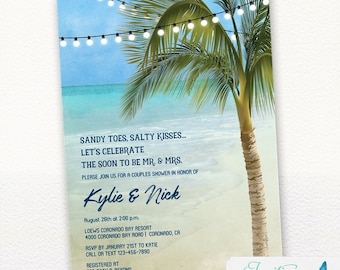 Beach Couples Shower Invitation, Bridal Shower, Wedding Shower, Engagement Party Invite Sandy Toes Salty Kisses, Palm Tree, Tropical, Ocean