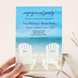 Coastal Beach Engagement Party Invitation, Lakeside Party, adirondack Chairs, Beach Wedding, We&#39;re Engaged, Ocean themeed | TEMPLATE 207