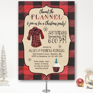 Channel the Flannel Buffalo Plaid Christmas Party Invitation, Holiday Party Invite, Rustic, Open House, cocktail party. Printable | Printed