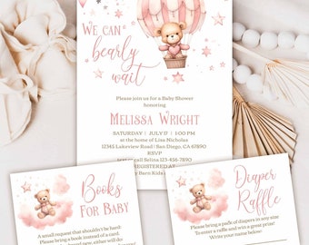 We Can Bearly Wait Baby Shower Invitation card, pink hot air balloons bear cub bundle set Coed Shower for baby girl invites TEMPLATE 357