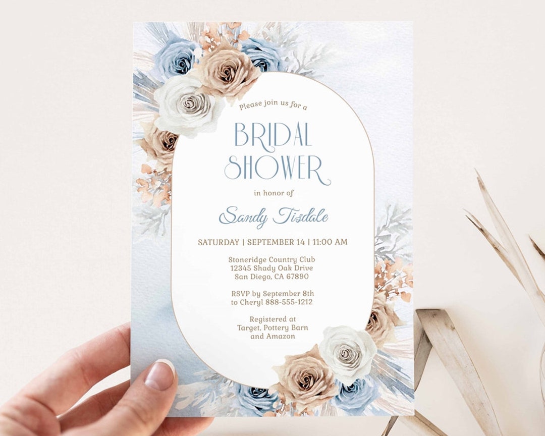 Boho Blue Floral Bridal Shower Invitation Blue and White Boho Etsy