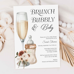 Brunch Bubbly Baby Shower Invitation bundle, Poppin Bottles Invite, gender neutral, champagne, baby bottle, terracotta floral  TEMPLATE 185