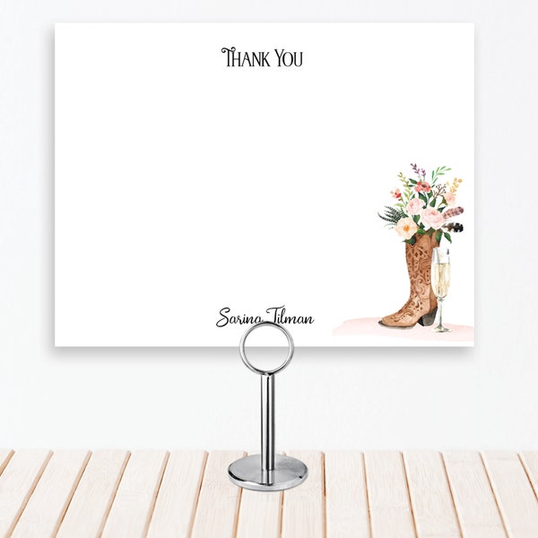 Blush Cowboy Boots Thank You Note card, blush pink floral, rustic country, farm, cowgirl thank you flat card 4.25x5.50" | TEMPLATE 191
