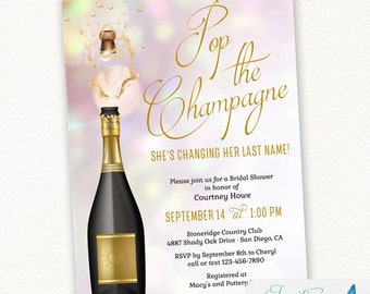 Champagne Bridal Shower Invitation, Pop the Champagne Invite, She's Changing her Last Name, Champagne Themed, Spring, brunch and bubbly