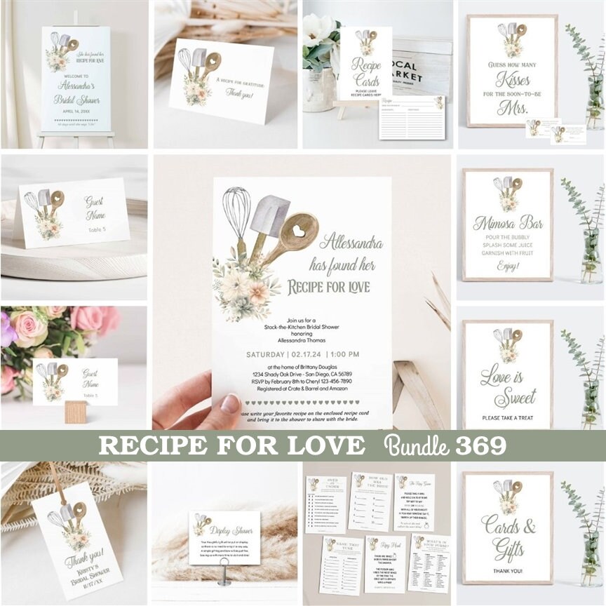 Recipe for Love Bridal Shower Invitation Bundle, Stock the Kitchen Invite baking bridal shower theme, green ivory peach flowers TEMPLATE 369
