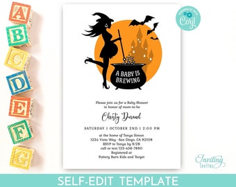 A Baby is Brewing Halloween Baby Shower Invitation, Halloween theme baby Shower Invite, witch, gender neutral, DIGITAL EDITABLE TEMPLATE 150