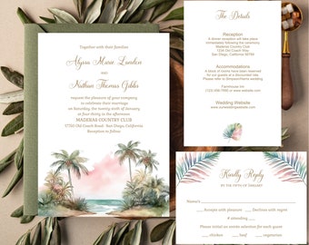 Beach Wedding Invitation, Hawaiian Ocean Wedding Invite, Tropical Invitation, Palm Tree Destination Wedding Theme KAYLANI TEMPLATE 249