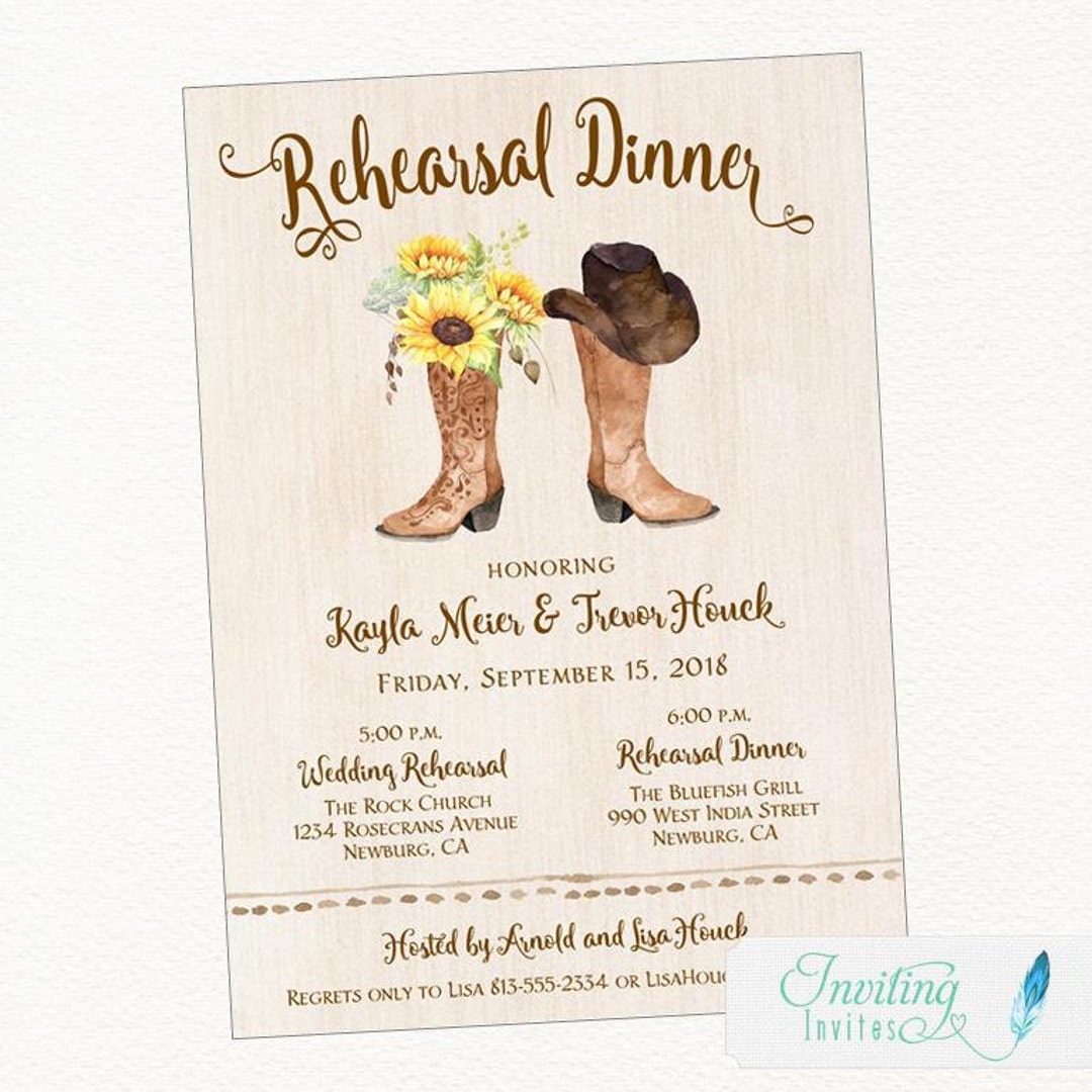 Cowboy Boot Sunflower Rustic Rehearsal Dinner Invitation, Country ...