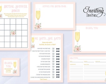 Petals and Prosecco Bridal Shower Games, bingo, thank you, advice, recipe card, favor tag, pink flower | Instant Download Printable | 136