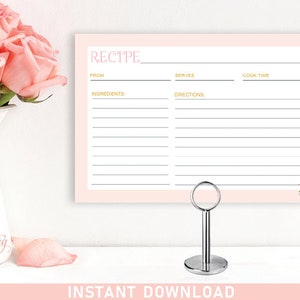Pink Recipe Card Printable, pink floral bridal shower, 4x6 Recipe Card, matches petals and prosecco invite | INSTANT DOWNLOAD 136