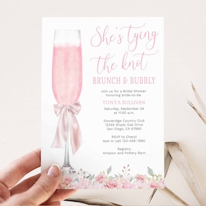 She's Tying the Knot Brunch and Bubbly Bridal Shower Invitation,  Pink  Bow Champagne Wedding Shower Invites, pink flowers TEMPLATE 342