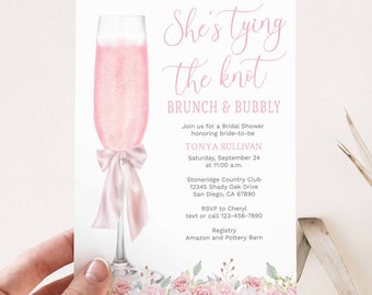 She's Tying the Knot Brunch and Bubbly Bridal Shower Invitation,  Pink  Bow Champagne Wedding Shower Invites, pink flowers TEMPLATE 342