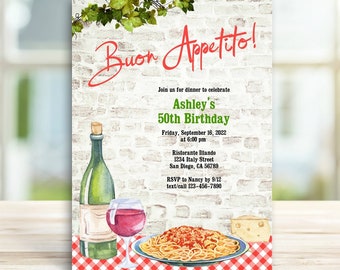 Italian theme Birthday Party Invitation, Buon Appetito, Italy, Pasta Spaghetti, Wine invite | TEMPLATE PRINTABLE EDITABLE digital 156