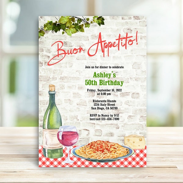 Italian theme Birthday Party Invitation, Buon Appetito, Italy, Pasta Spaghetti, Wine invite | TEMPLATE PRINTABLE EDITABLE digital 156