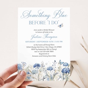 Something Blue Before I Do Bridal Shower Invitation Template, dusty light blue wildflowers invite, butterfly elegant floral | DIGITAL 301