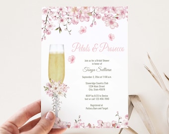 Pink Petals and Prosecco Bridal Shower Invitation, Cherry Blossom Champagne Bridal Shower theme, Wedding Shower, pink floral | TEMPLATE 233