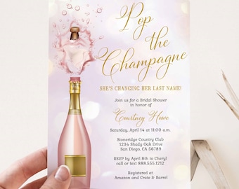 EDITABLE Champagne Bridal Shower Invitation, Pink Blush Pop the Champagne She's Changing Her Last Name theme | DIY printable template 117