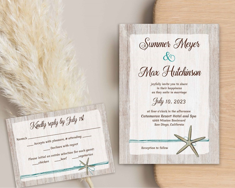 Starfish Wedding Invitation, Destination Beach Wedding theme, Starfish Invite, Ocean, Sea, Seashell Printable Digital TEMPLATE 111 image 1