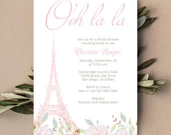 May include: A pink and white bridal shower invitation with a watercolor illustration of the Eiffel Tower and floral accents. The text reads "Ooh la la" and includes the bride-to-be's name, Christine Harper, the date and time of the shower, the location, and RSVP information.