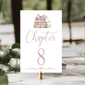 Book Themed Table Numbers, Next Chapter Baby Shower, Once Upon a Time Shower, fairytale shower, pink bow books | TEMPLATE 363