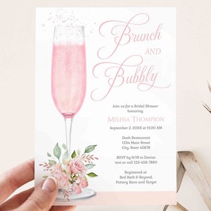 Brunch and Bubbly Bridal Shower Invitation, Brunch Bridal Shower Invite, Champagne Wedding Shower, pink floral | PRINTABLE TEMPLATE 214