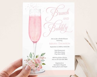 Brunch and Bubbly Bridal Shower Invitation, Brunch Bridal Shower Invite, Champagne Wedding Shower, pink floral | PRINTABLE TEMPLATE 214