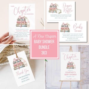 A New Chapter Will Soon Begin Book Baby Shower Bundle Set, Invitation card, Library Storybook theme invite, pastel pink bow TEMPLATE 363