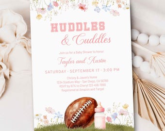 PINK Huddles and Cuddles Football Baby Shower Invitation, Coed Baby Sprinkle Tailgate Touchdown College Football themed Invite TEMPLATE 556