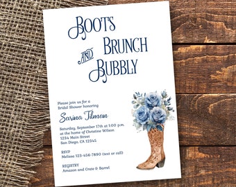 BLUE Cowboy Boots Brunch and Bubbly Bridal Shower Invitation Champagne Theme Invite Floral Cowgirl Rustic Western Country TEMPLATE 275 B