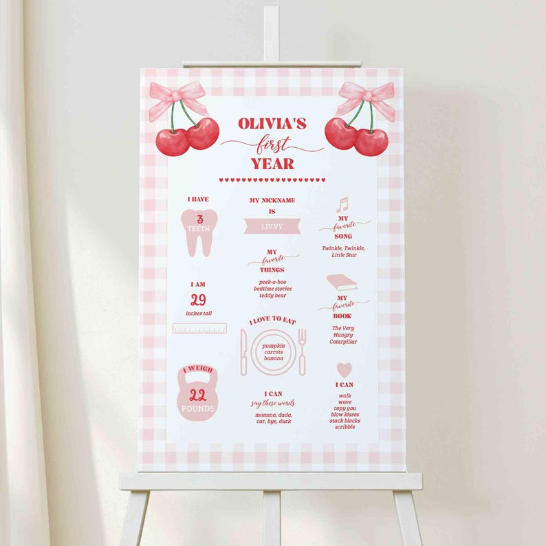 Cherry Milestone My First Year Poster Board, 1st birthday poster, Milestone board sign, Berry First Birthday, Preppy Coquette | TEMPLATE 346 bild 3