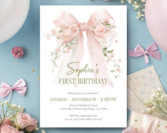 Pink Floral Bow First Birthday Invitation Girl | Editable 1st Birthday Party Template | Printable Corjl Invite | 572